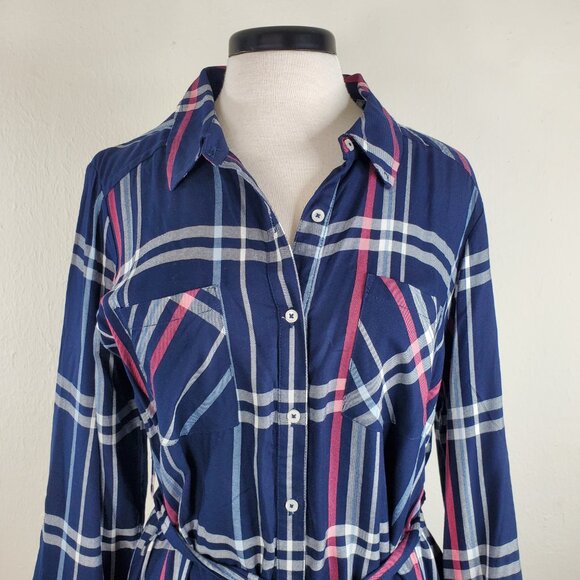 Motherhood Maternity Dresses & Skirts - Motherhood maternity blue plaid dress large belted Roll Tab Sleeves pockets NWT